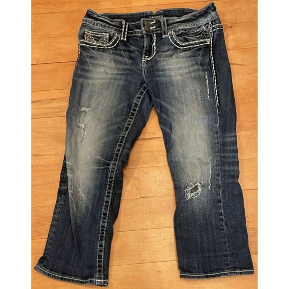 Vigoss The Chelsea Capri Blue Jeans‎ Size 5/6 Length 21 Embroidered Distressed - Picture 1 of 8